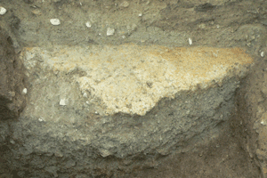 発掘でみつかった粘土敷き（寺院東端部分）の写真